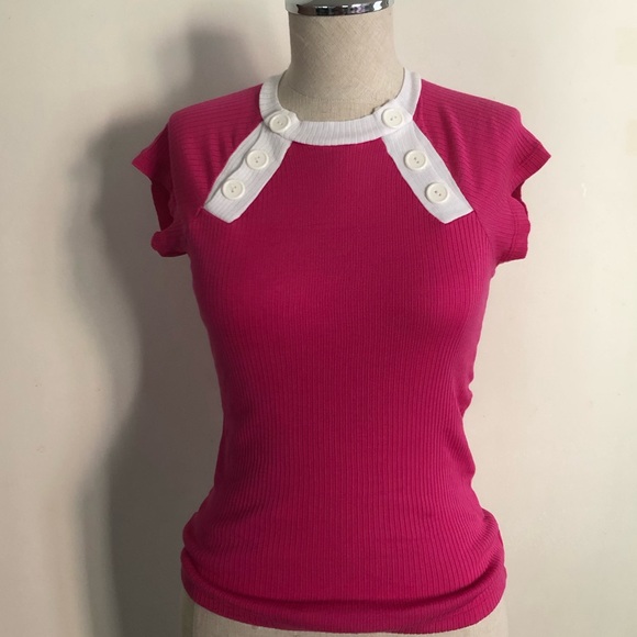 Pink White Button Collar Fitted Coastal Nautical Top - Picture 5 of 5